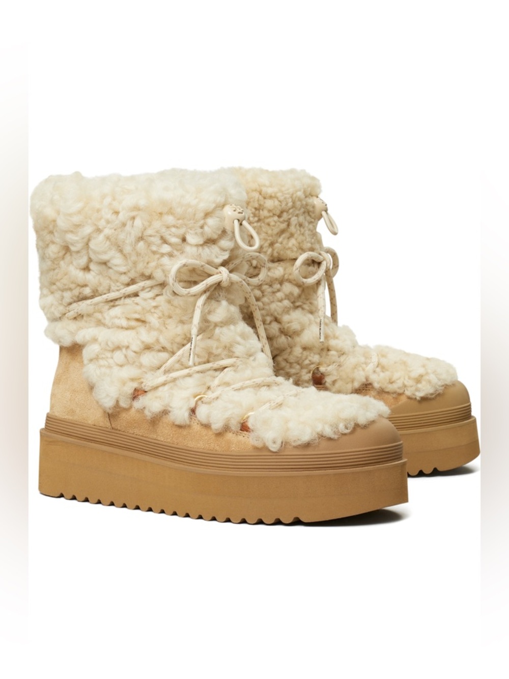 Tory Burch Mellow Genuine Shearling Platform Bootie Buttermilk Chestnut 7.5M New